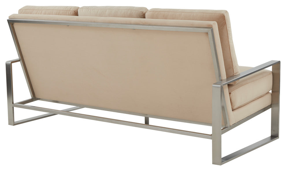 LeisureMod Jefferson Modern Design Velvet Sofa With Silver Frame, Beige