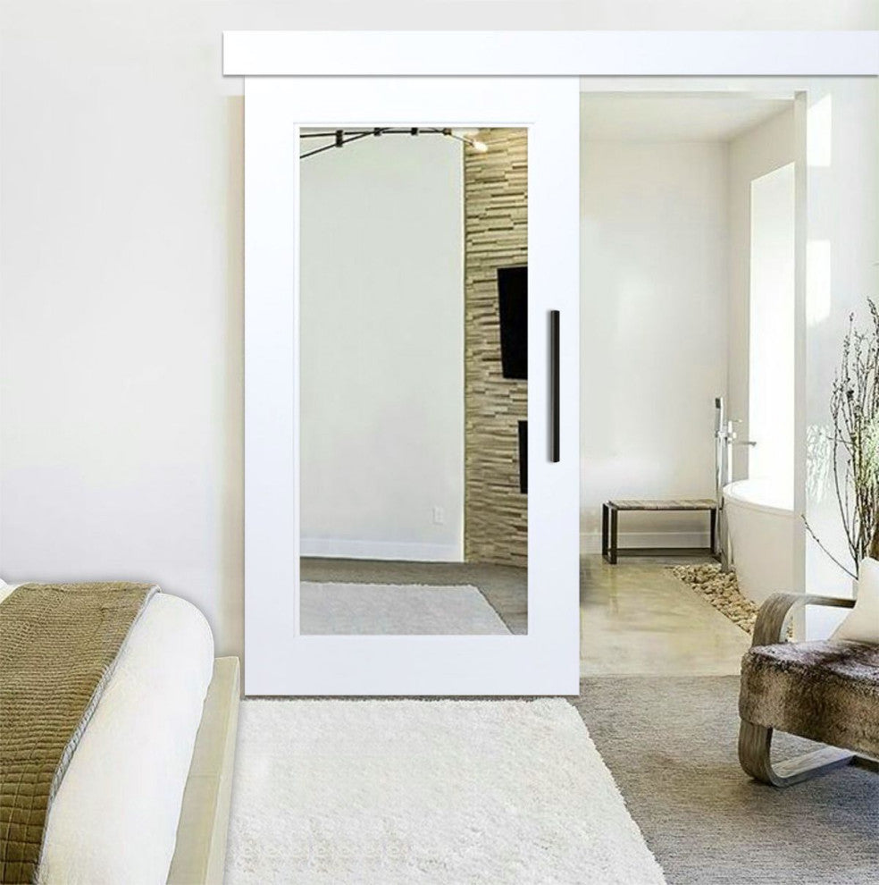 Mirrored Sliding Barn Door with Mirror insert with Hardware Kit + Fascia, 2x Mir