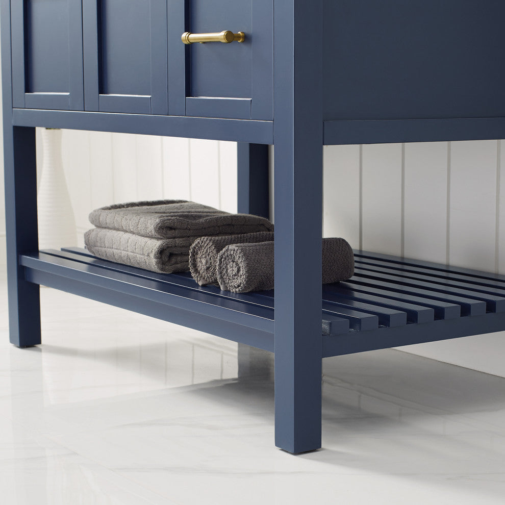 36" Vanity in Royal Blue with Carrara White Marble Countertop Without Mirror