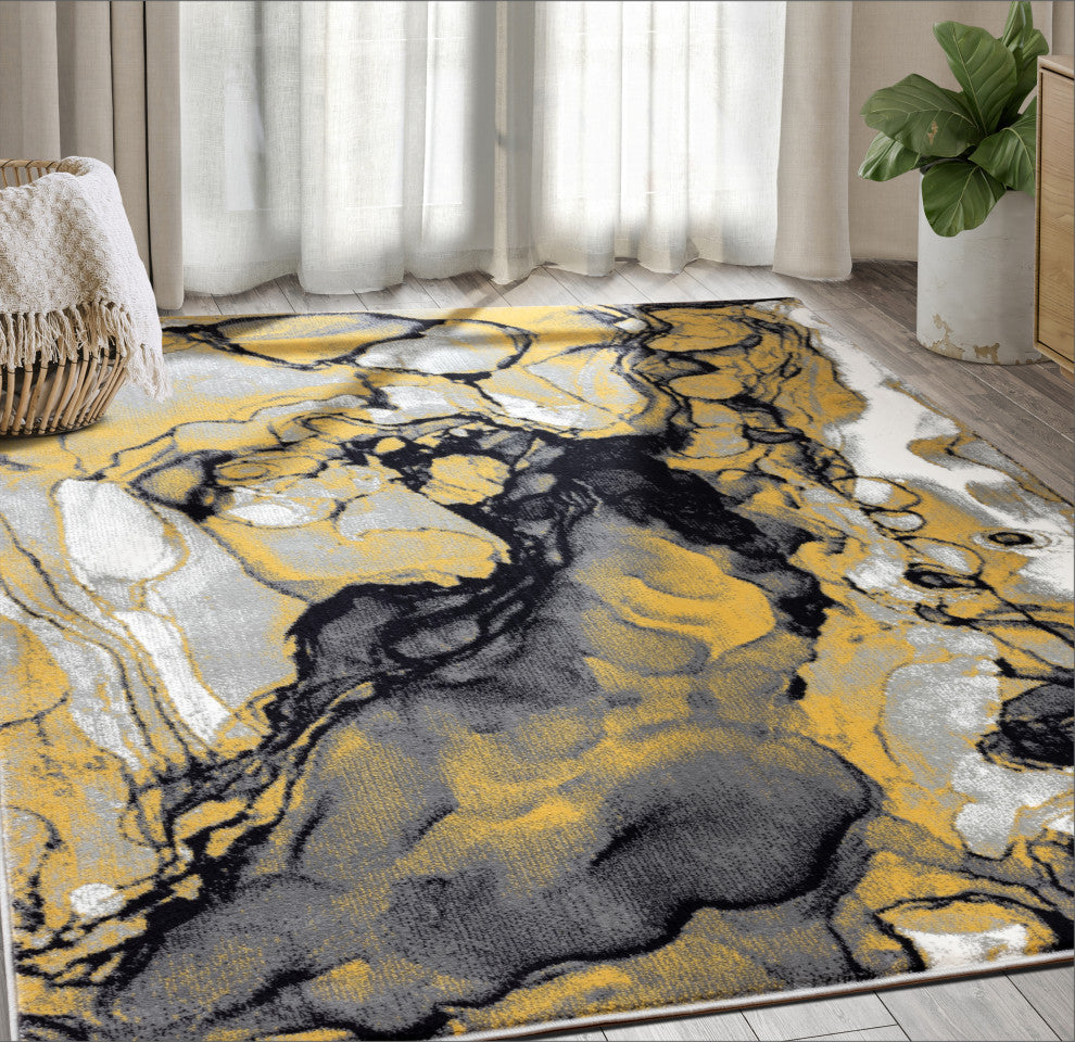 Abani Arto ART140B Abstract Liquid Marble Grey Yellow  Area Rug