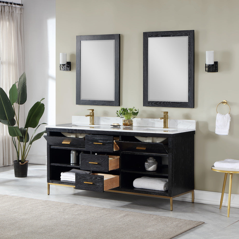 Kesia Black Oak Bathroom Vanity Set, 72", With Mirror