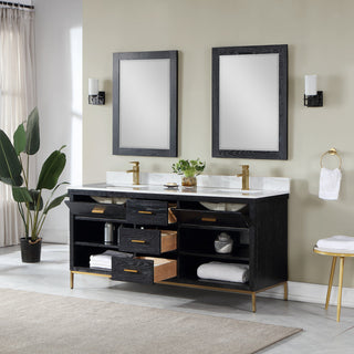 Kesia Black Oak Bathroom Vanity Set, 72", With Mirror