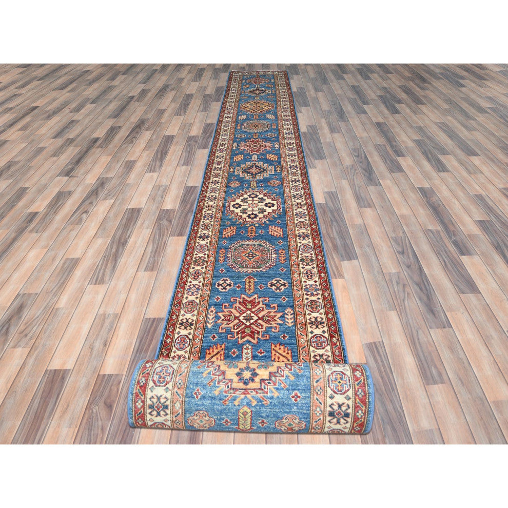 Denim Blue Afghan Super Kazak Natural Wool Hand Knotted XL Runner Rug 2'6"x33'5"