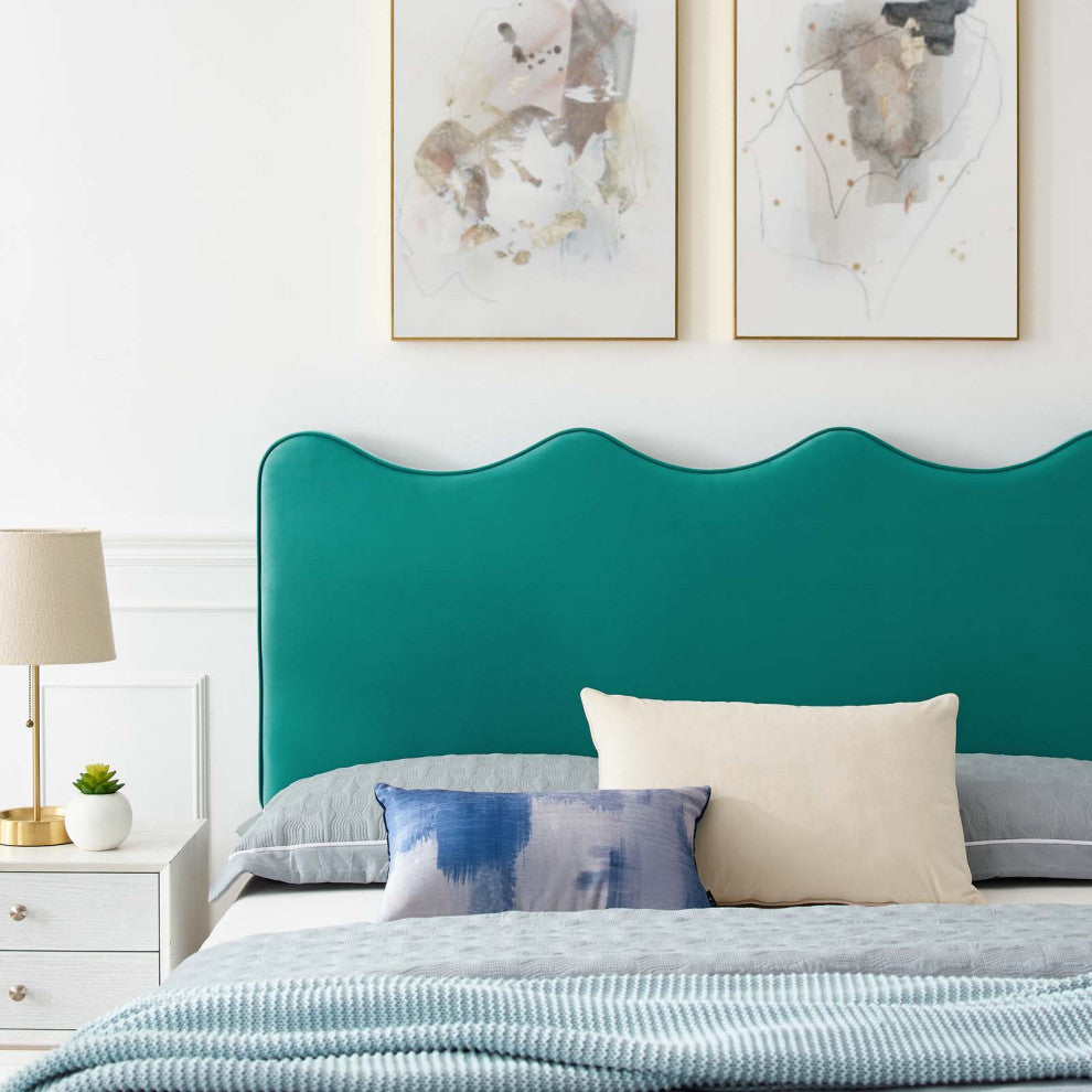 Platform Bed Frame, King Size, Teal Blue, Velvet, Modern, Bedroom Guest Suite