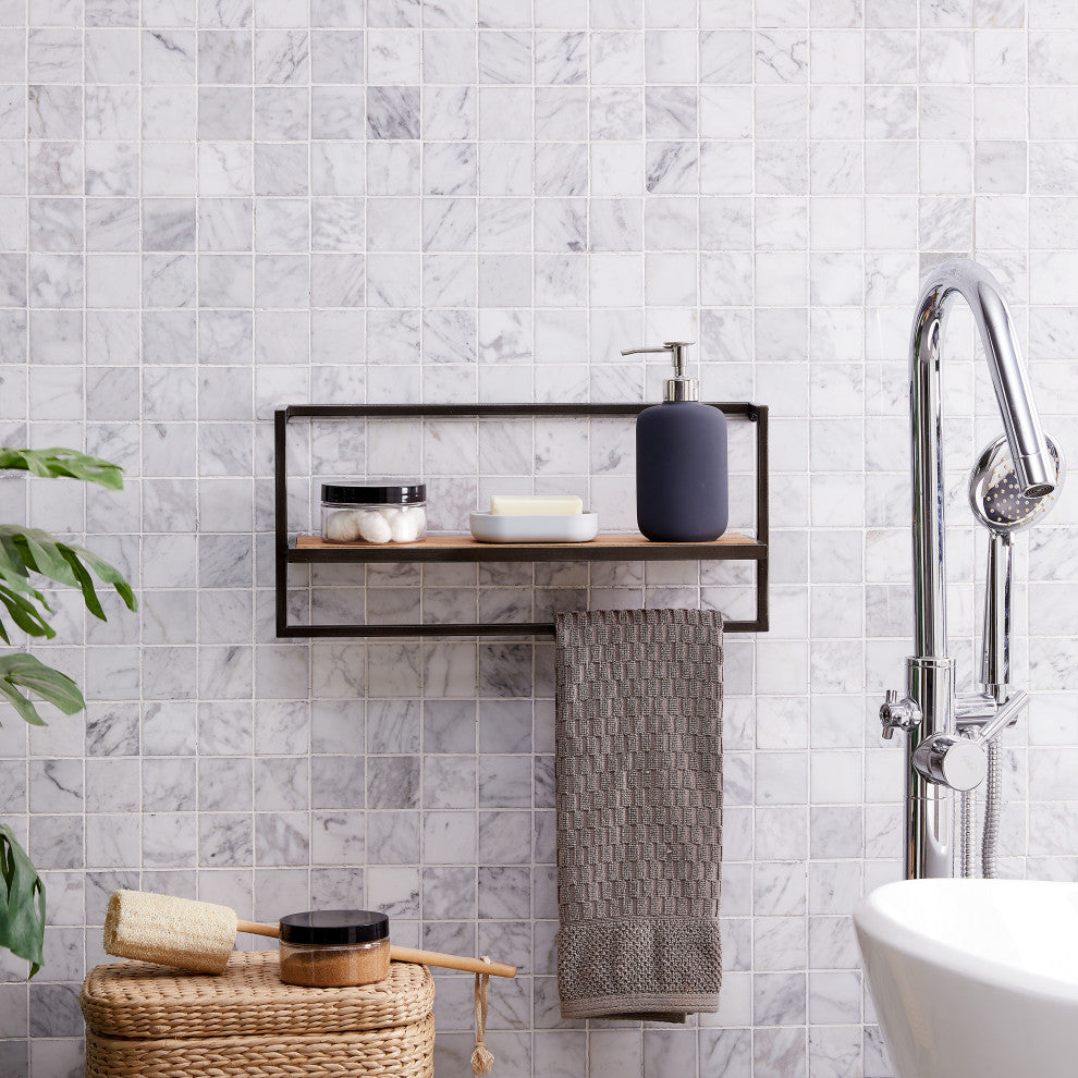 Floating Industrial Modern Rustic Wood Shelf on Metal Frame With Towel Bar