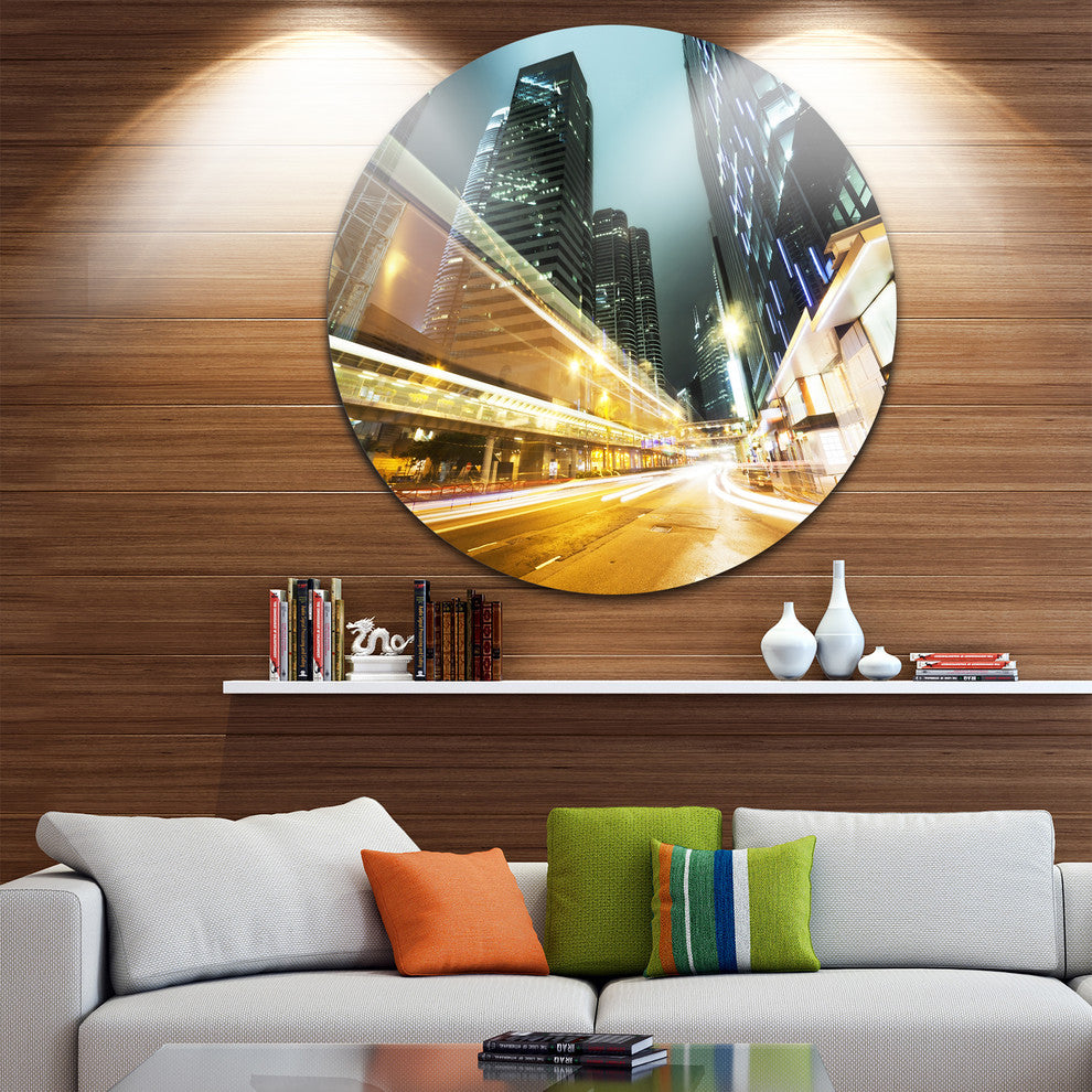 Traffic In Hong Kong At Night, Cityscape Disc Metal Artwork, 11"