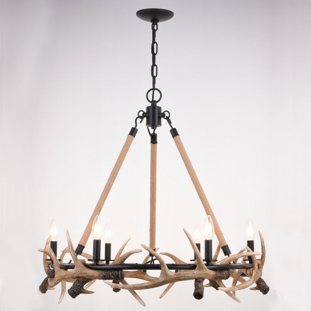 Breckenridge 30.5" 6 Light Antler Chandelier Aged Iron with Natural Rope