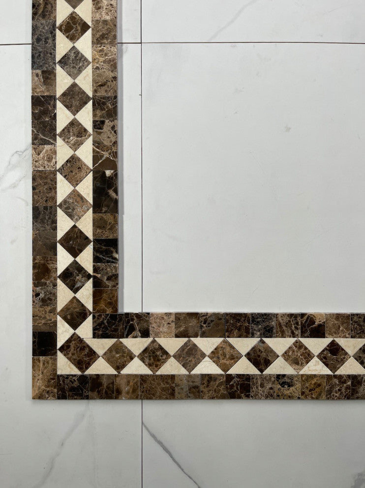 Crema Marfil Marble Classic Diamond Mosaic Border Listello Tile Polish, 1 sheet