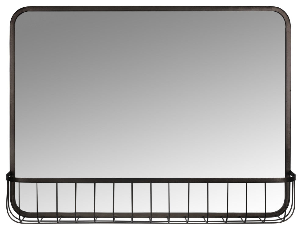 Black Modern Farmhouse Metal Wall Mirror With Basket