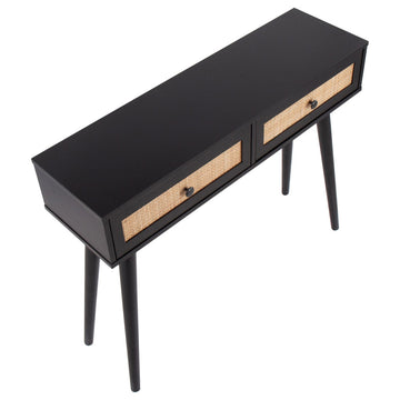 Bora Bora Contemporary Console Table, Black Wood With Rattan Accents