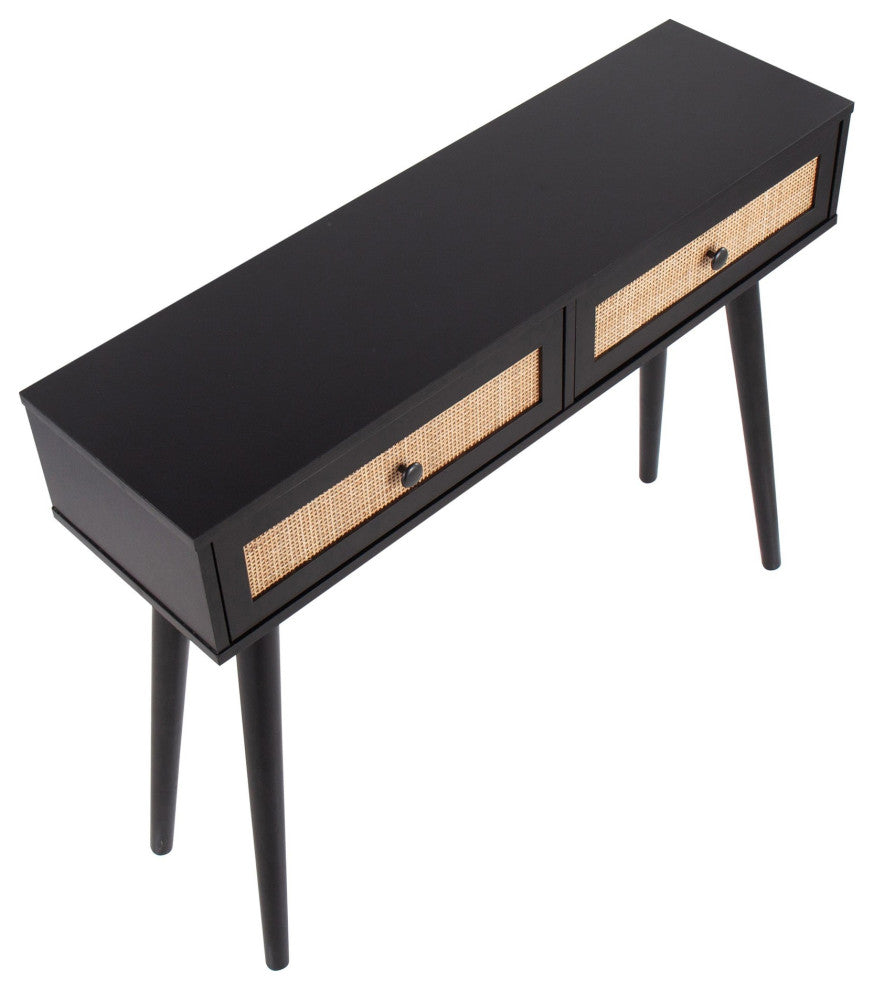 Bora Bora Contemporary Console Table, Black Wood With Rattan Accents