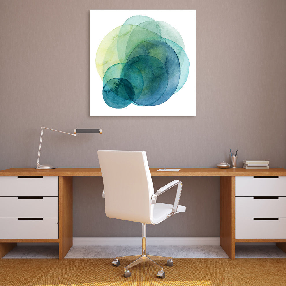 "Evolving Planets" Abstract Blue Wall Art Unframed Free Floating Tempered Glass
