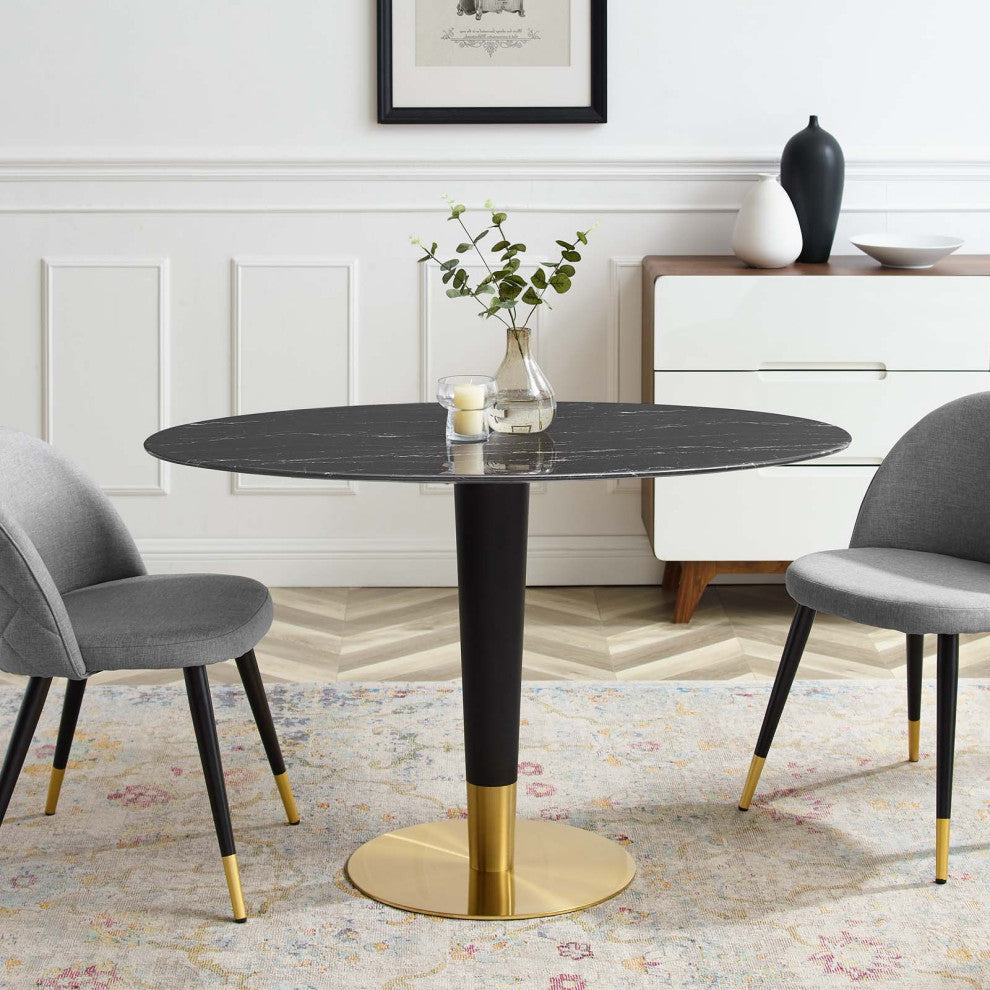 Dining Table, Oval, Artificial Marble, Metal, Gold Black, Cafe Bistro Restaurant