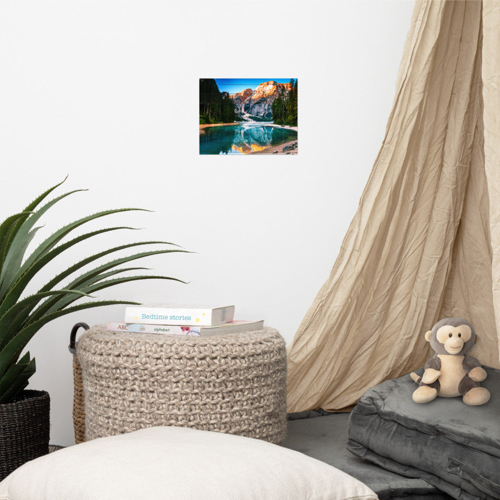 Faux Wood Misty Lake and Snow-cap Mountain Reflections Unframed Wall Art Prints, 8" X 10"