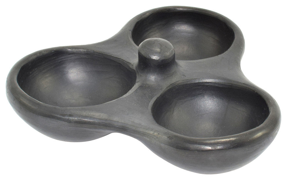 Ancient Cookware, Triple Chamba Clay Salsa Dish, 5.6x7x1.8