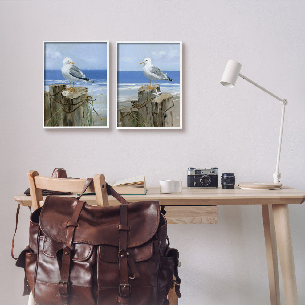 Seagulls Beach Shore Wooden Pillars Sanddollar Starfish Scene,11 x 14