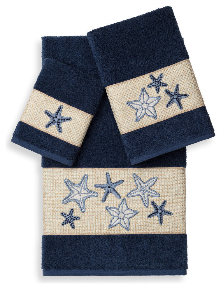 Linum Home Textiles Lydia 3-Piece Embellished Towel Set, Midnight Blue