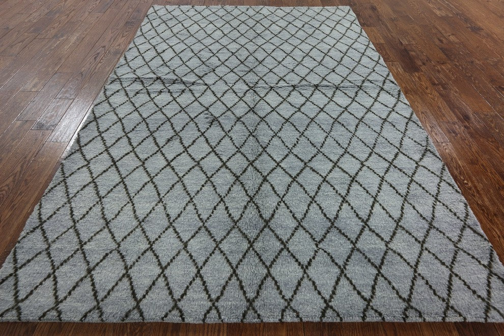 Moroccan Diamond Design 6'x9' Blue Hand Knotted Oriental Wool Area Rug