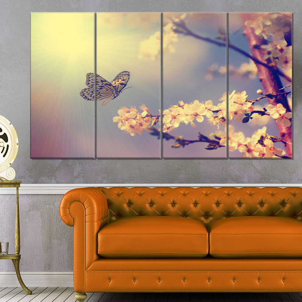 Vintage Butterfly and Cherry Tree, Large Floral Canvas Print, 48"x28", 4 Panels