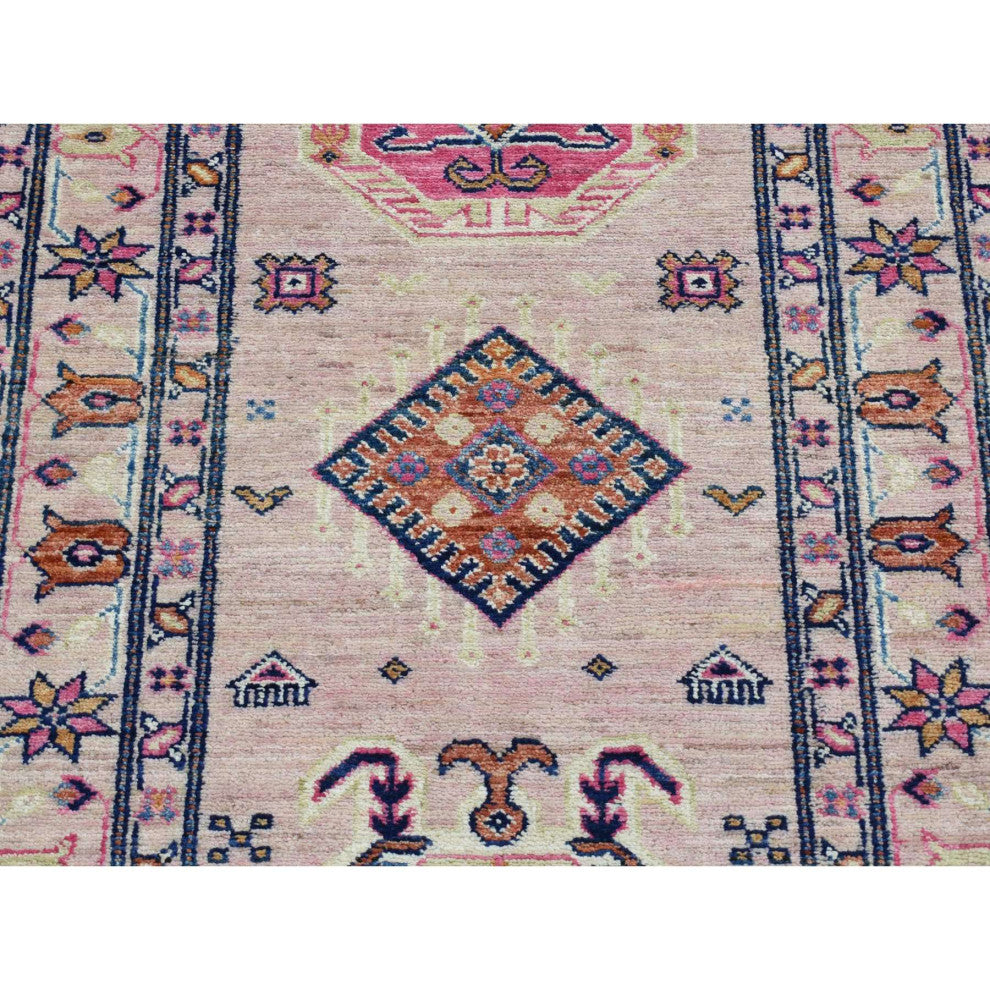 Pastel Pink Hand Knotted Afghan Super Kazak Pure Wool Runner Rug, 2'8"x8'10"
