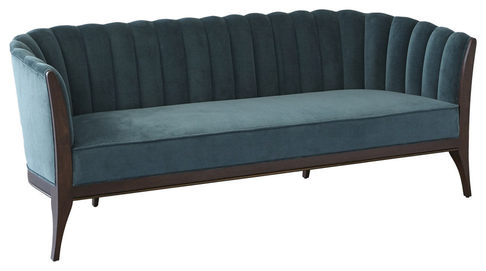 Dragonfly Aqua Blue Velvet Channel Back Sofa Vintage Style Retro Curved 3 Seat
