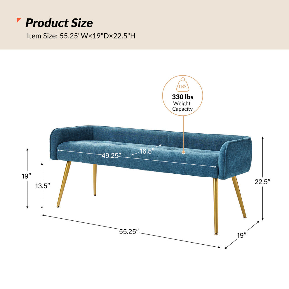 55.25"W Modern Upholstered Low Back Bench, Blue