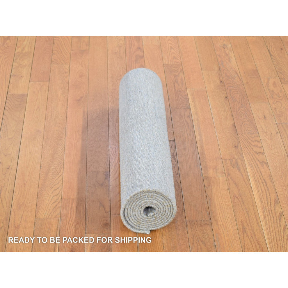 Gray Modern Grass Design Gabbeh Hand Knotted Wool and Silk Runner Rug, 2'8"x9'1"