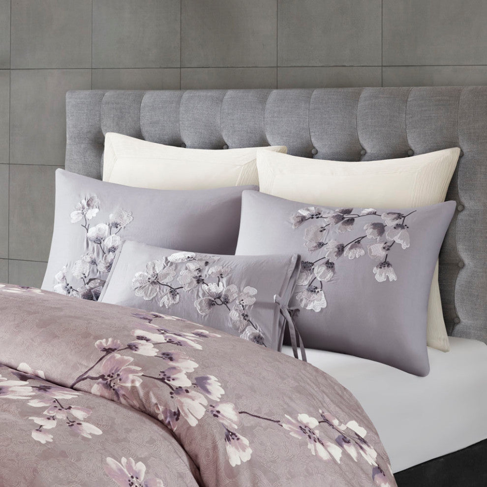 N Natori Sakura Blossom 3 Piece Cotton Sateen Printed Duvet Cover Set, Lilac