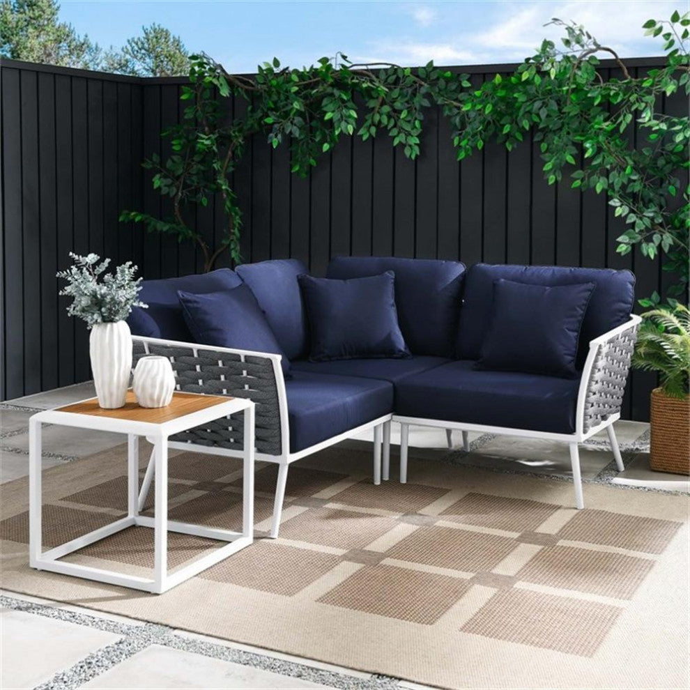 4 Piece Patio Aluminum Outdoor Patio Aluminum Sectional Sofa Set, White Navy
