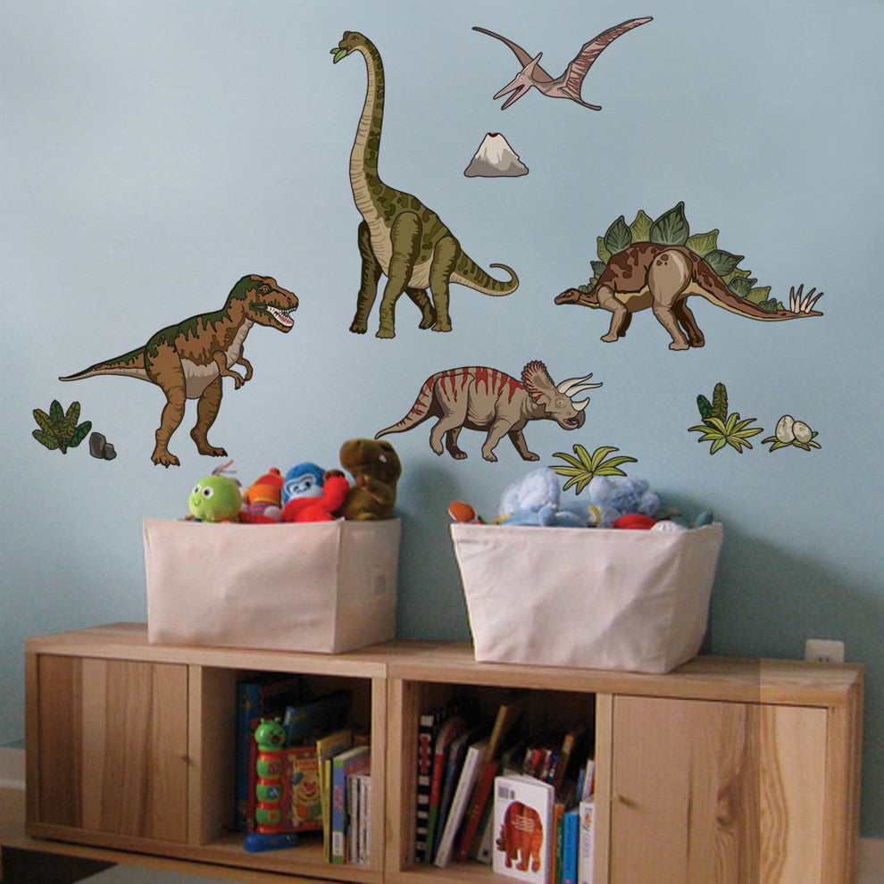 Dinosaur Peel and Stick Reusable Vinyl Wall Stickers, 14-Piece Set, Natural