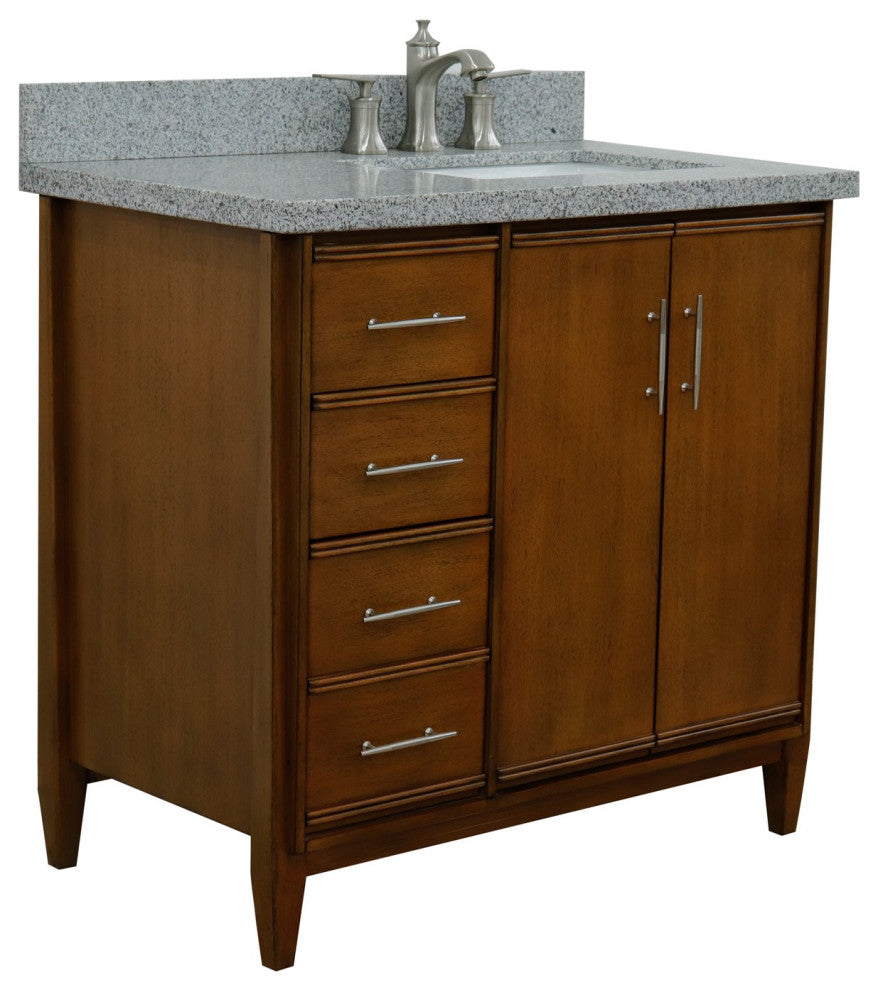 37" Single Vanity, Walnut Finish With Gray Granite