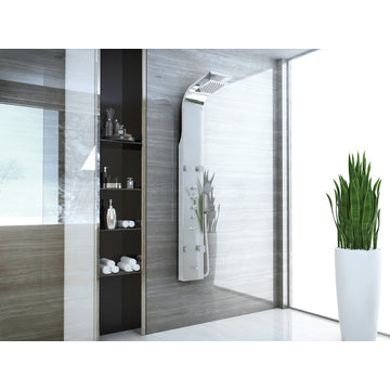 Echo 63.5" 4-Jetted Shower Panel, Heavy Rain Shower, Spray Wand, Brushed Steel