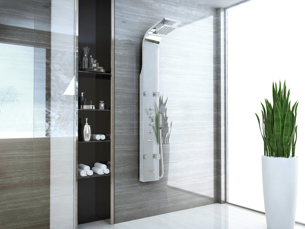 Echo 63.5" 4-Jetted Shower Panel, Heavy Rain Shower, Spray Wand, Brushed Steel