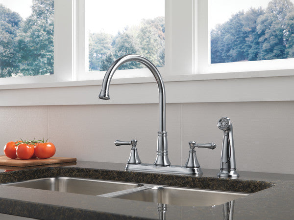 Delta Cassidy Two Handle Kitchen Faucet With Spray, Arctic Stainless, 2497LF-AR