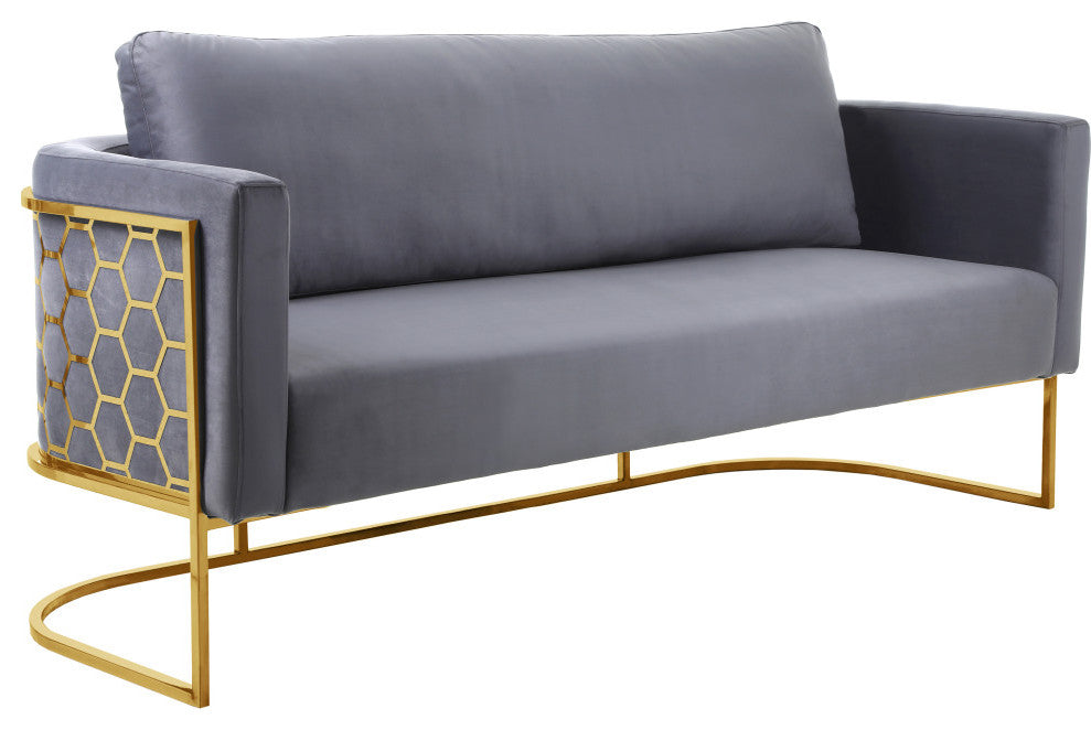 Casa Velvet Upholstered Sofa, Grey, Gold Finish