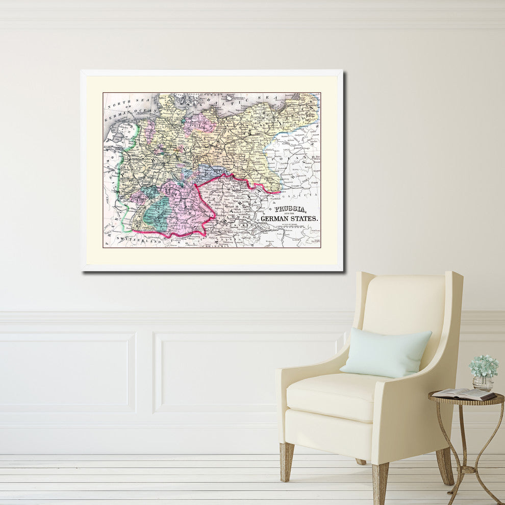 Prussia, Germany Old Map Print On Canvas With Frame Art Collection 16" X 21"