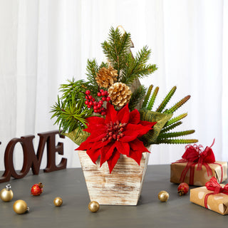 15" Poinsettia, Cactus and Succulent Faux Arrangement, Christmas Tree Planter
