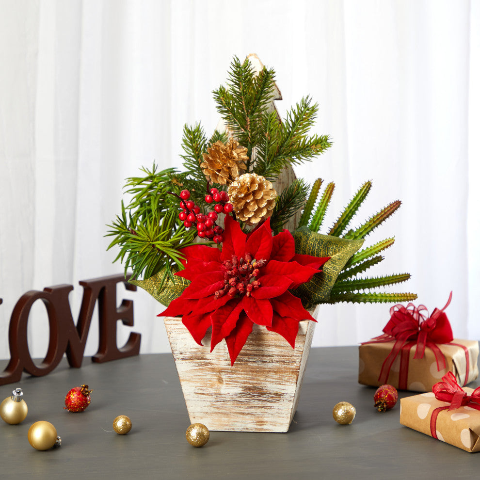 15" Poinsettia, Cactus and Succulent Faux Arrangement, Christmas Tree Planter