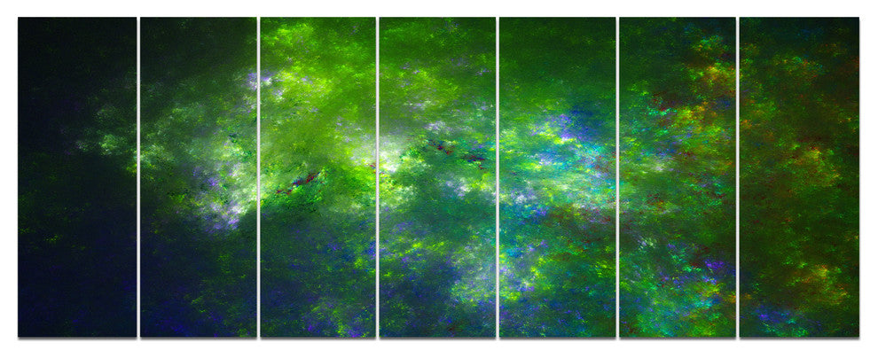 Green Fractal Sky with Blur Stars, Abstract Canvas Art Print, 83"x32", 7 Panels