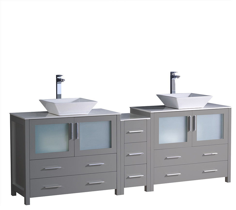 Torino Double Sink Bathroom Cabinets With Tops and Vessel Sinks, Gray 84"