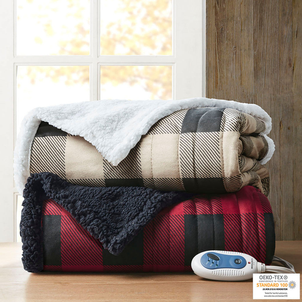 Woolrich Heated 60x70" Buffalo Check Electric Throw Blanket, Tan