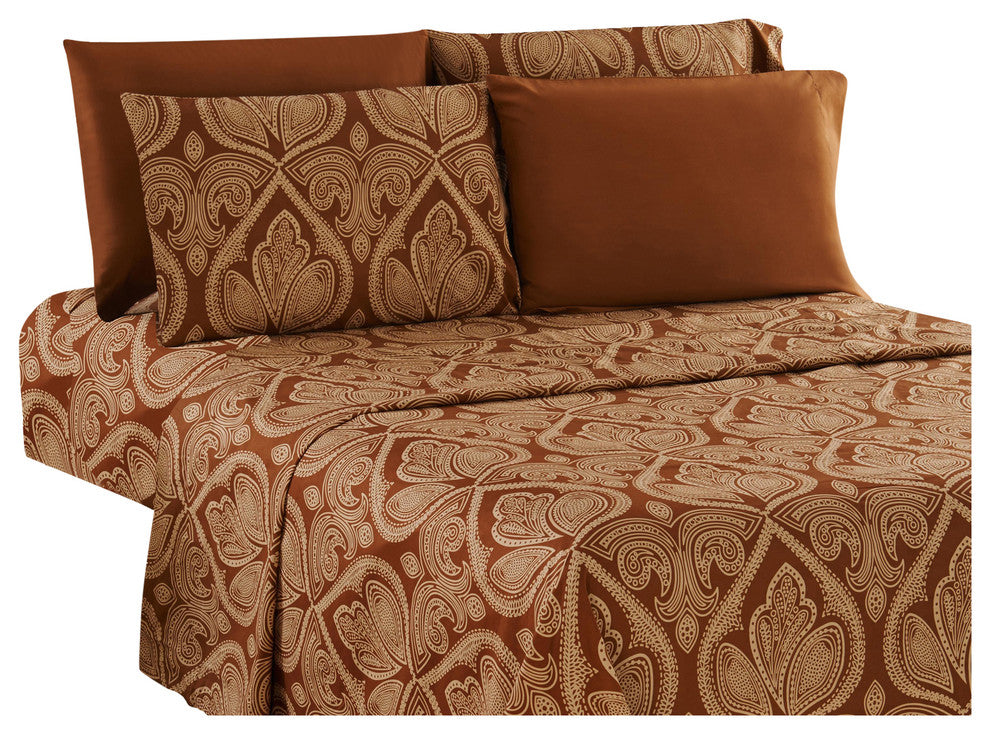 6 Piece: Luxury Paisley Printed Bed Sheet set, Twin 4 Piece, Chocolate, Twin