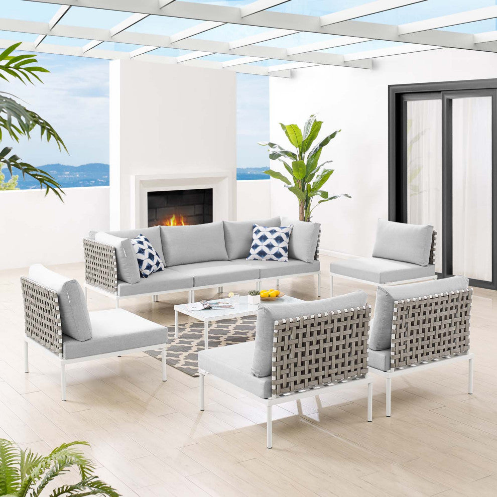 Lounge Sectional Sofa Chair Table Set, Sunbrella, Aluminum, Gray, Outdoor