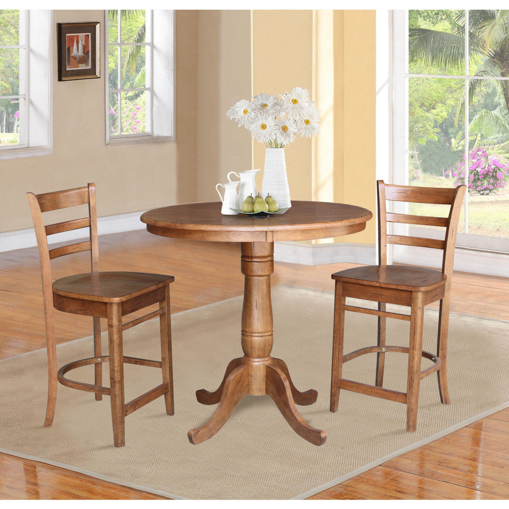 36" Round Pedestal Gathering Height Table with 2 Counter Height Stools