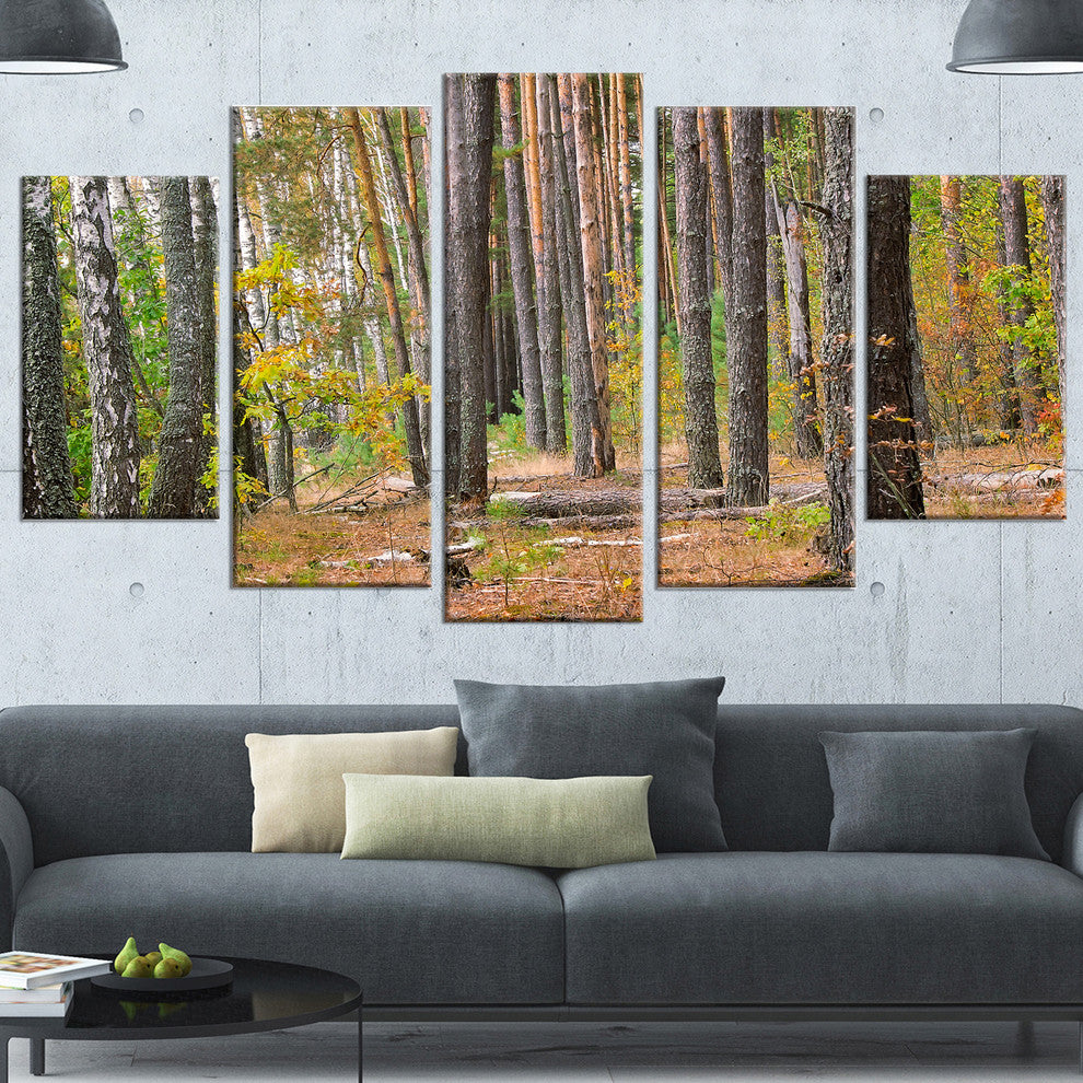 Green Fall Forest with Thick Woods, Modern Forest Canvas Art, 60"x32", 5 Panels
