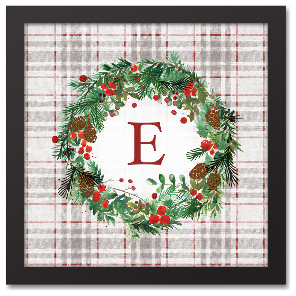 Holiday Gray Plaid Monogram Wreath E 12x12 Black Framed Canvas