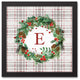 Holiday Gray Plaid Monogram Wreath E 12x12 Black Framed Canvas