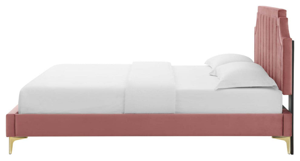 Platform Bed Frame, King Size, Velvet, Pink, Modern Contemporary, Bedroom Master
