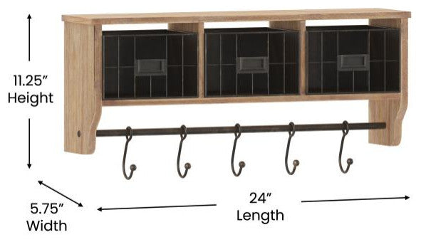 Daly Wall Mounted 24"Solid Pine Wood Coat Rack, Rustic Brown