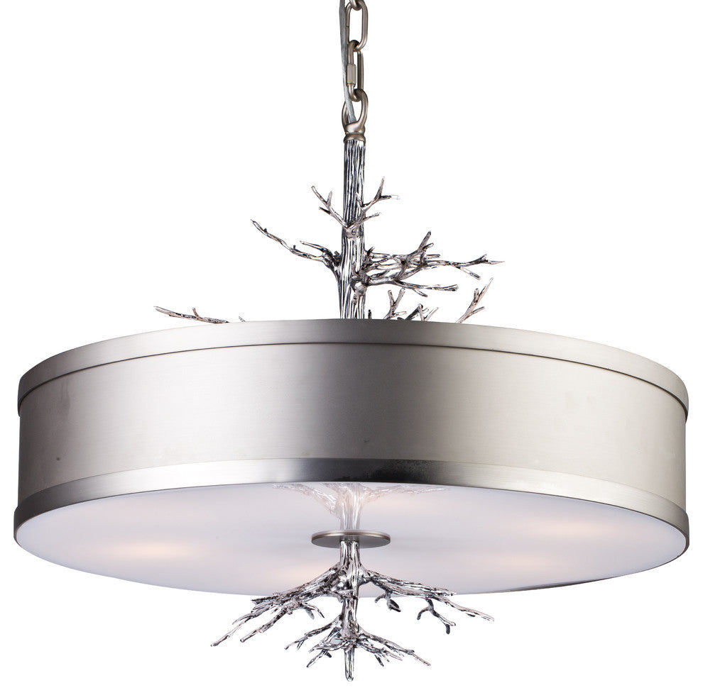 Matte Nickel Drum Shade, Antique Silver Leaf Branch Copper Frame Light Fixture